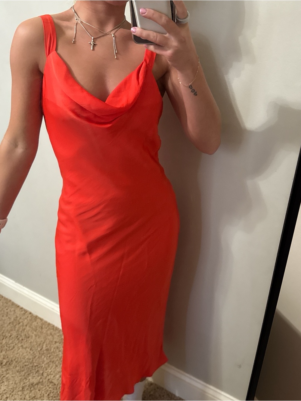 Sage Cowl Neck Midi Slip Dress - Red Orange